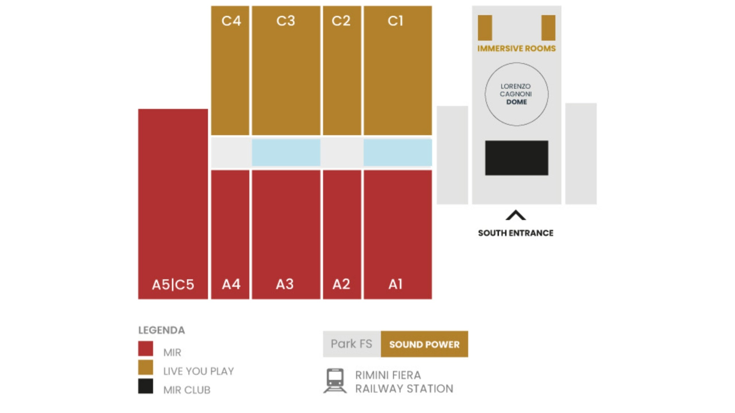Mappa layout padiglioni MIR 2026 con ingressi, aree espositive e zone immersive